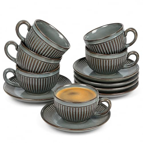 Erkundpresso. Set di 6 Tazze da Espresso 100ml con Piattini, Tazzine da caffè, Ceramica Effetto Forno Pareti Spesse Isolanti, Antiscivolo, Lavastoviglie & Microonde, Confezione Regalo - Grigio