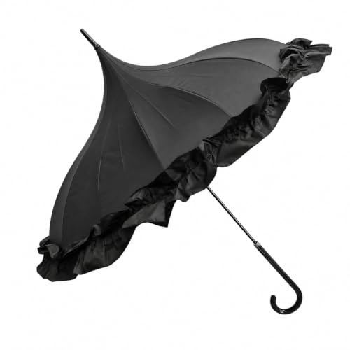 Superbia Pagoda Frill Umbrella Parosol Long Stick for Sun and Rain Princess Unique Style Event Parasol (Black)