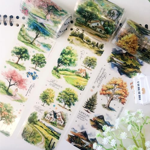 FyzendR Washi Tape Stickers Wald PET-Scrapbooking-Aufkleber 3 Rollen Journaling-Zubehör Dekorative Ästhetik für Scrapbook, Tagebücher DIY-Handarbeit Kreativität（tree 1）