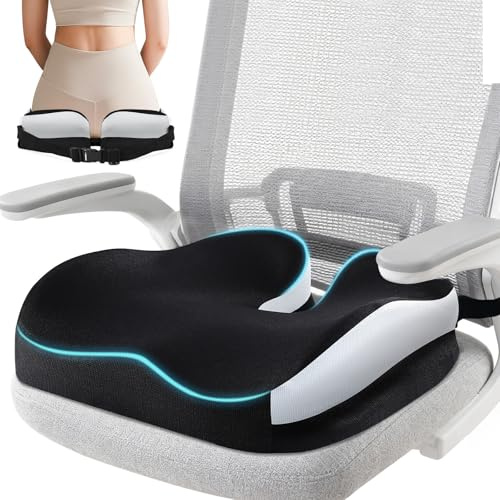 QUTOOL Seat Cushions Ergonomic Thickened Office Chair Cushion - Non-Slip Long Sitting Comfort with Posture Support, Memory Foam Seat Pad for Home, Office, Car & Gaming Seats (Removable Strap)