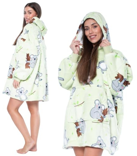 nikcorp - Plaid con Cappuccio - Coperta con Cappuccio per Autunno e Inverno - Plaid Oversize con Maniche - 2 Strati Caldi, Taglia Unica XXL, con Ampia Tasca - Koala - Verde