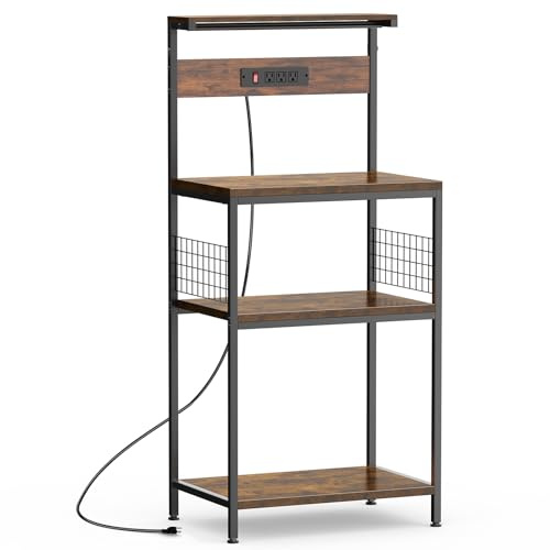 Sweetcrispy Kitchen Bakers Rack with Power Outlet, Coffee Bar Table 4 Tiers, Microwave Oven Stand Station, Adjustable Storage Shelf Freestanding Appliance Organizer - 24 Inch, Rustic Brown