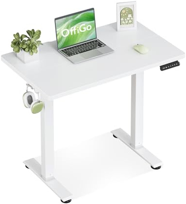 OffiGo Standing Desk, Small Height Adjustable Desk with 3 Memory Heights | 80cm Electric Sit Stand Table for Home Office Workstation, Compact Rising Computer Table for Small Spaces, White