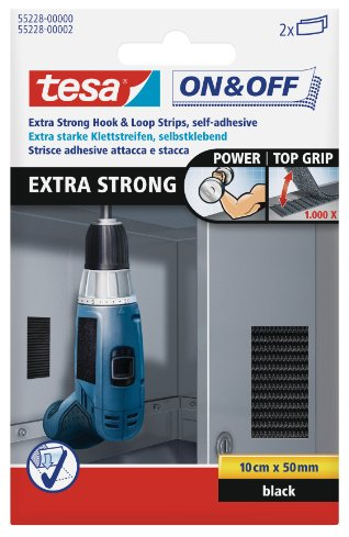 Tesa On & Off Bande Adhésive Auto Agrippante Extra Forte – Fixation d'Objets Lourds comme les Outils – Bande 50 mm x 10 cm, Noir