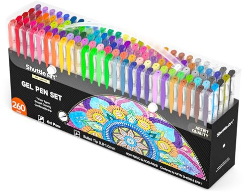 Shuttle Art Gel Pens for Colouring, 260 Pack Gel Pens Set, 130 Assorted Colours plus 130 Refills, Glitter Neon Pastel Metallic Colours, Ideal for Adult Colouring Books, Doodling, Drawing, Writing