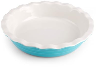 Farberware Bakers Advantage 10 Inch Pie Dish, Stoneware Pie Pan with Scalloped Edge, Two-Tone Teal and Ivory Ceramic Pie Plate for Baking Quiche, Casseroles, and Deep Dish Pies