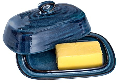 Hasense Butter Dish with Lid, Ceramic Butter Dish with Cover for Countertop, Porcelain Butter Keeper with Handle Design for East West Coast Butter, Butter Tray with Lid for Fridge, Blue