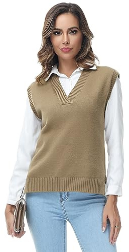 MODFUL, Gilet in maglia da donna senza maniche con scollo a V, maglione oversize classico con collo a pullover, Marrone, L