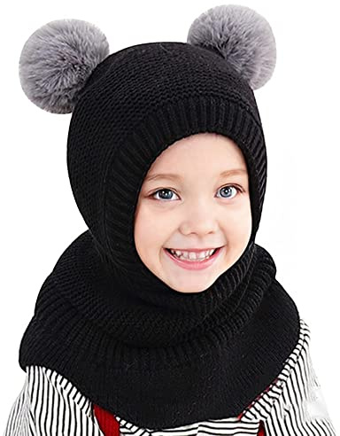 Rayson Bonnet Écharpe Set Chapeau et écharpe de Bébé d'hiver 2 en 1 Chaud Cache Oreilles Chapeaux Tricoté Enfant Double Pompon Cagoule Balaclava pour Fille Garçon