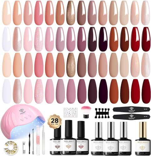 Modelones Gel Nail Kit, 28 Colors Nude Brown Pink Red Soak Off Gel Nail Polish Set with Lamp Starter Kit No Wipe Base & Top Coat Diy Nail Curing Gift For Women