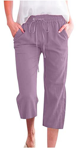 oglccg Womens Capris Trousers 3/4 Pants Cotton Linen Elastic High Waist Cropped Pants Drawstring Summer Autumn Solid Color Pockets Loose Pants Straight Wide Leg Trousers Outdoor Plus Size 8-18 Purple