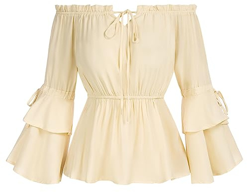 SCARLET DARKNESS Blusa con volantes renacentista para mujer, cintura elástica, blusa medieval, albaricoque, L