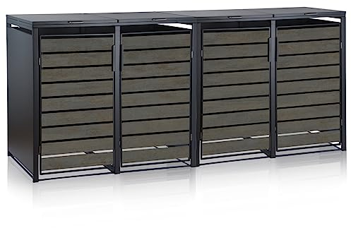 Zelsius Mülltonnenbox 4 Tonnen | 120-240 Liter | Anthrazit RAL 7016 | Tür in dunkelgrauer Holzoptik inkl. Erweiterungsmöglichkeit | Aufbewahrungsbox für Mülltonnen, Mülltonnenbox 4er