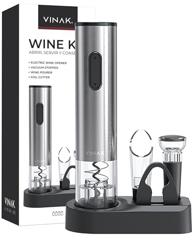 VINAK Wine Kit - Tire-bouchon électrique à piles en acier inoxydable + bouchon de vin sous vide + bec verseur + coupe-capsule | Design moderne | Décapsuleur sans effort