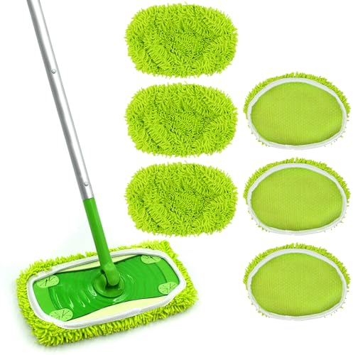 HOTUT Reusable Microfiber Mop Pads Compatible with Swiffer Sweeper Mop, 6 Pack Wet Mopping Cloths & Dry Sweeping Cloths, Washable Wet Pads Refill for Surface/Hardwood Floor Cleaning