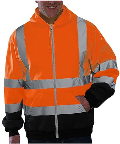 UHouse Jacke Herren Warnschutz Arbeitsjacke mit Kapuze Oversized Kapuzenjacke Leichte Fahrradjacke Warn Jacken Freizeit Softshelljacke Outdoor Zipper Hoodie Reflektierende Jacket Orange M