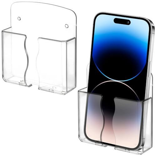 Ymapinc 2Pcs Wall Mount Phone Holder Transparent Wall Phone Holder for Bed Self Adhesive Cell Phone Wall Holder with Charging Hole for Most Cell Phone, Bedside Remote Control Stand