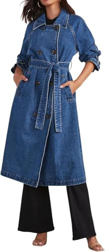 Trench-Coat en Jean Long décontracté à Double Boutonnage pour Femmes, Veste en Jean, Trench-Coat avec Ceinture (Bleu,S)
