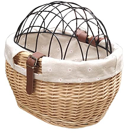 Cesta de Ciclismo para Mascotas, Tejida a Mano en Mimbre con Cubierta de Malla de Alambre, Cesta Frontal Segura para Perros Pequeños y Gatos en Paseos Urbanos y Excursiones al Aire