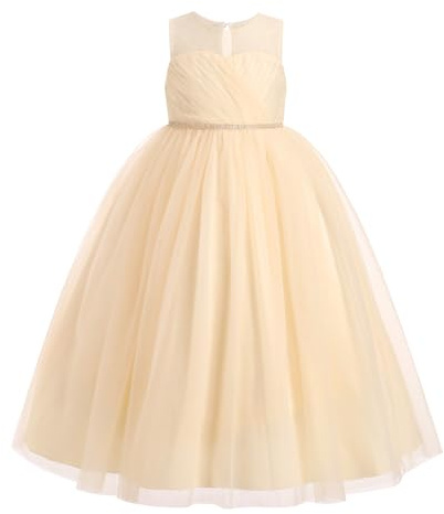 IWEMEK Robes pour Petites Filles Tulle Dos Nu Longues Bal Fin d'ann�e sans Manches Bouffantes Princesse Habill�e de Soir�e Mariage Demoiselle d'honneur Bapt�me F�te Anniversaire Champagne 5-6Y