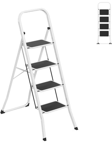 YRHome Escalera de 4 peldaños con pasamanos, plegable, para el hogar y la oficina, estable, extra ancha, fácil de plegar, máx. 150 kg para el hogar y la oficina (negro/blanco)