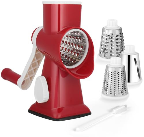 Gaethra Rallador de queso con manivela, cortador de verduras, 3 cuchillas intercambiables de acero inoxidable, rallador manual, cortador de verduras, ideal para pepinos, nueces de queso, zanahorias