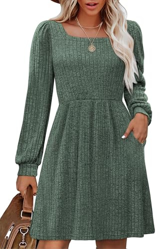 Aokosor Women Dresses Long Sleeve Jumper Dress Ladies Square Neck Tunic Dress with Pockets Knee Length Jumper Dress Size 14-16 Green L