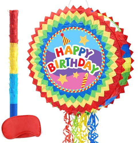 WERNNSAI Birthday Pinata - Rainbow Birthday Decorations Colorful Round Pinata with Blindfold and Stick for Party Celebration Decoration Supplies