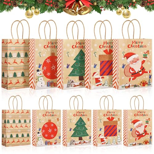 JOLY FANG Sac Cadeau Noel 10 Pièces, Sac Kraft Avec Poignée à Remplir avec Poignée, 2 Tailles de Sacs-Cadeaux Noël pour Bonbons, Jouets et Présents