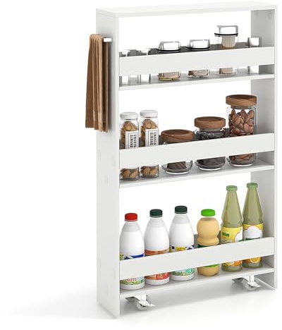 KOMFOTTEU Nischvagn 4 våningar, förvaringsvagn köksvagn med hjul, nischhylla med handtag, köksskåp och rullhylla platsbesparande för kök, badrum, kontor (vit–13 cm)