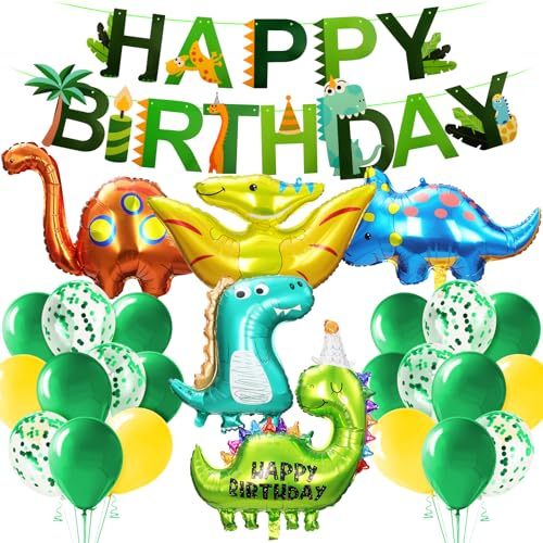 Alaoo Palloncini Dinosauri Compleanno, 22 Pezzi Kit Decorazioni Compleanno Dinosauri, Palloncini Dino Lamina Foil, con happy birthday Striscione, Adatto per feste di dinosauri nella giungla