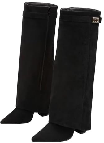 ticticlily Bottes à Revers Femme Mollets Larges Bottines Hiver Cowboy Boots Hautes pour Bureau Mariages A Noir 35 EU