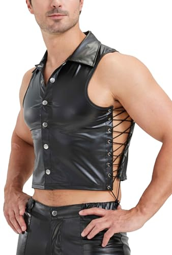 Ausing Uomo Maglietta in Pelle Nero Camicia Ecopelle Senza Maniche Canotta Sportiva Lattice T Shirt Palestra Slim Fit Maglia Fitness Bodybuilding Top Lucida Brillante PVC Discoteca Club Bottoni S