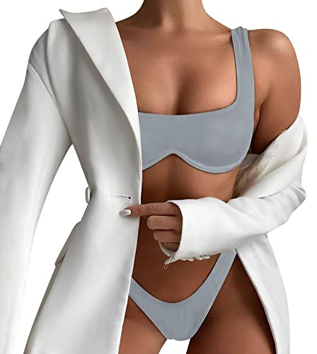 Bikinis Mujer 2026 BrasileñO Bikini Deportivo Traje de baño de Piezas Color sólido para Mujer, Traje baño Sexy con Tira Dividida y Soporte, Tankinis Tallas Grandes Bikini Mujer (Grey, M)