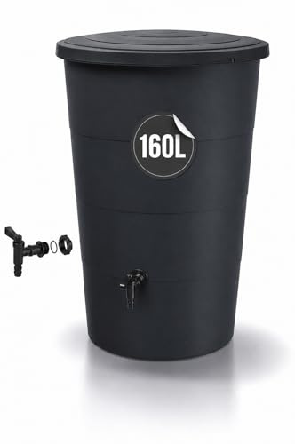 Tymar Regntunna antracit, regnfat 160 L, vattentunna med kran, regnvattentank för trädgård och balkong, regnvattentunna Ø 60 x 88 cm_IDSM