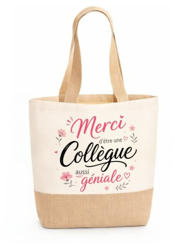 GAKVIBOPG Sac Toile Cadeau Collegue de Travail Femme Bicolore | Sac en toile et jute (36x13x49cm) pour courses ou plage, Le parfait cadeau départ collègue pour la remercier au bureau