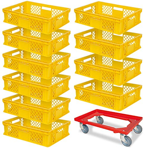 BRB Lot de 10 bacs Euro - 600 x 400 x 150 mm (L x l x H) - Qualité industrielle - Jaune + 1 chariot de transport - Rouge