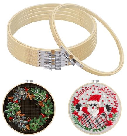 Curtzy 6er Pack Stickrahmen Holz Bambus Ringe - 19 cm - Einstellbare Holz Ringe Stickrahmen Set für Kreuzstich, DIY Kunst und Handwerk