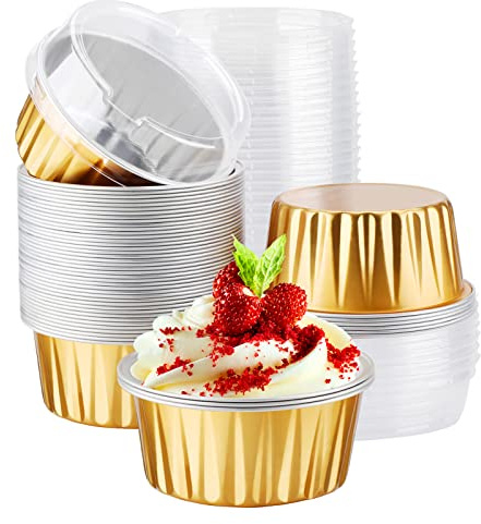 EUSOAR Disposable Ramekins, Gold 50pcs 5oz Mini Aluminium Foil Baking Cups with Lids Creme Brulee Cupcake Liners, Desert Cheesecake Pans Flan Molds Tin Cups Containers for Party Favor Birthday