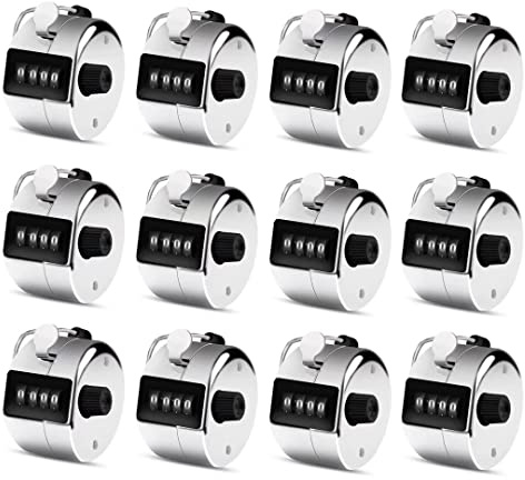 Eliamo 12 Pack Metal Hand Tally Counter 4-Digit Lap Counter Clicker, Manual Mechanical Handheld Pitch Click Counter with Finger Ring for School Golf & Knitting Row Croche, Silver