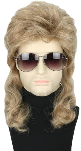 Topcosplay Herren-Perücke, 80er-Jahre, Vokuhila-Perücke, hellbraun, lang, gelockt, Halloween-Kostüme, Party, lustige Herrenperücke