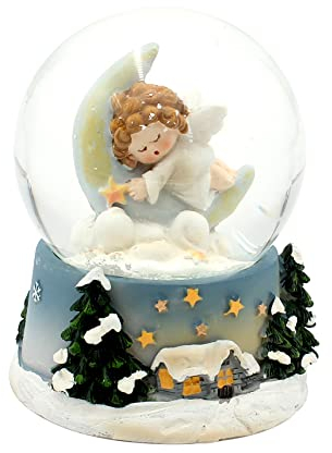 Dekohelden24 Splendida palla di neve, angelo su nuvole, luna addormentata, base finemente decorata, dimensioni (L x P x A): 6, 5 x 9 cm, sfera Ø, W-10033271