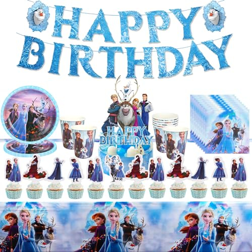 Frozen Geburtstagsdeko, 90 Stück Frozen Partygeschirr Set, Elsa Partygeschirr, Elsa Geburtstagsparty Deko mit Elsa Luftballon Banner Tischdecke Teller Papiertuch Tasse Tortendeko ect
