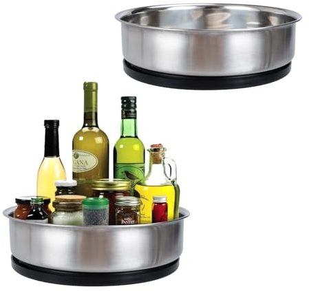AKOLAFE 2 platos giratorios de 20 cm, organizador de cocina 360°, acero inoxidable, plato giratorio Lazy Susan, bandeja giratoria de metal, organizador para especias, despensa, armario (20 cm + 4,5 cm