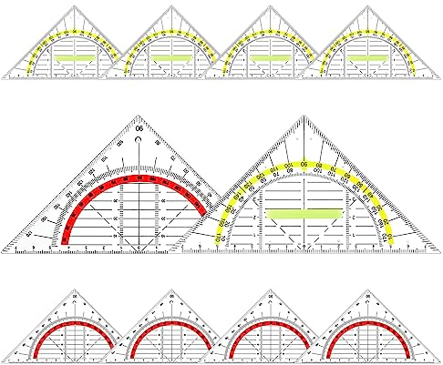 JIANTA Geodreieck aus Kunststoff, 10 Stück Geometrie Dreieck, 16cm Transparent Flexibel Geodreieck zum Kreise Zeichnen, 5Pcs Geodreieck mit Griff Gelb mit 5Pcs Geometrie Rot für Schule Büro Studenten