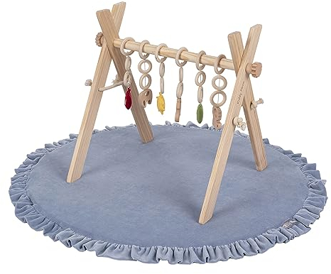 KiddyMoon Spielbogen aus Holz mit Weichem Schaumstoff Spielmatte Spieltrapez Baby Gym für Kleinkinder Spielzeug Activity Center, Natürlich Mit Eisblau Spielmatte