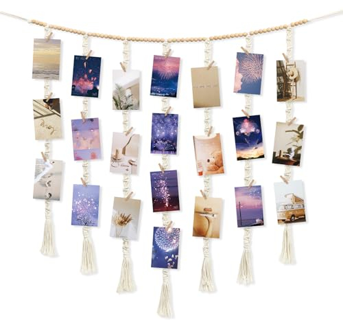 Dremisland Macrame Hanging Photo Display with 45 Clips DIY Photo Collage Frames Boho Wooden Beads Hanging Photo Frames Multiple Christmas Pictures Wall Decor for Bedroom Living Room Teen Girl Gifts