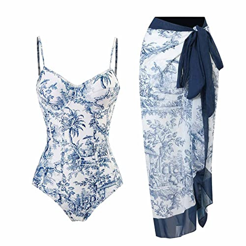Wetsuit Women Vintage Printing Lace Up Swimsuit Long Skirt Chiffon Two-Piece Set Swimsuit for Women Women's Plus Size Swimwear Cold Water Swimming Coat Tummy Control Bikini Summer Beach Diving Suit