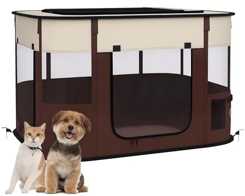PawHut Portable Dog Pen for Puppies, Rabbits, Kittens, Guinea Pigs - Brown | Portable Foldable Dog Cat Playpen, Soft Pet Cage, Storage Bag, for Kittens, Guinea Pigs