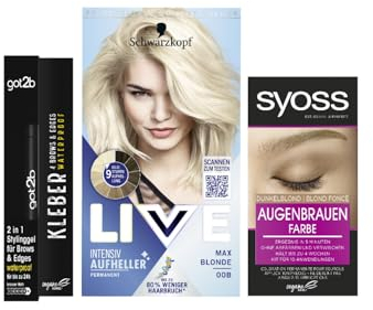 Schwarzkopf Live Aufheller Max Blonde 00B (142 ml) Blondierung & Syoss Augenbrauenfarbe 6-1 Dunkelblond Stufe 3 (17 ml) & Kleber 4 Brows & Edges Waterproof (16 ml) Brow Gel & Haar Mascara